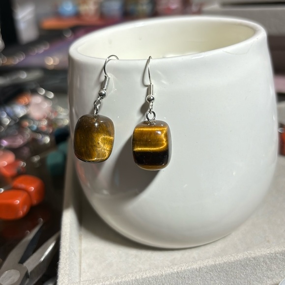 Genuine Tigers Eye Gem Stone Earrings with Sterling Silver Dangle Posts - Picture 3 of 5
